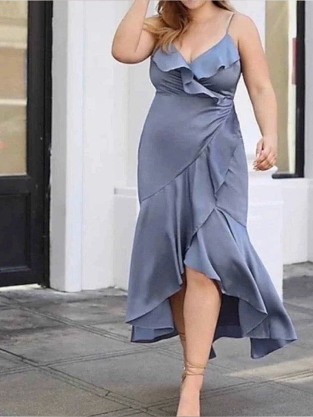 Express Taupe Ruffle Asymmetrical Slip Dress - Picture 2 of 11
